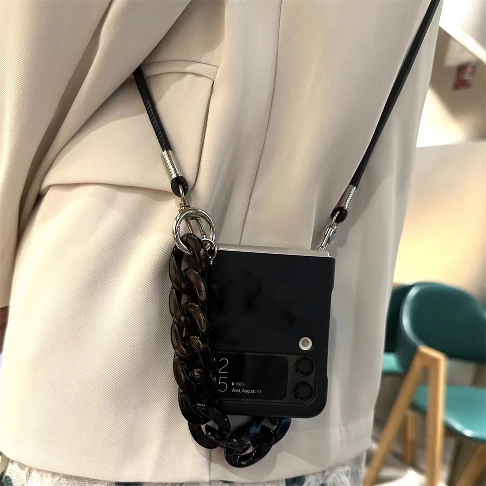 Black Acrylic Bracelet Leather Crossbody Long Strap Hard Matte Case For Samsung Galaxy Z Flip 7 6 5 3 4 5G Protective Back Cover