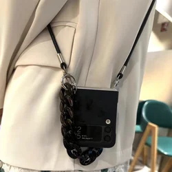 Black Acrylic Bracelet Leather Crossbody Long Strap Hard Matte Case For Samsung Galaxy Z Flip 7 6 5 3 4 5G Protective Back Cover