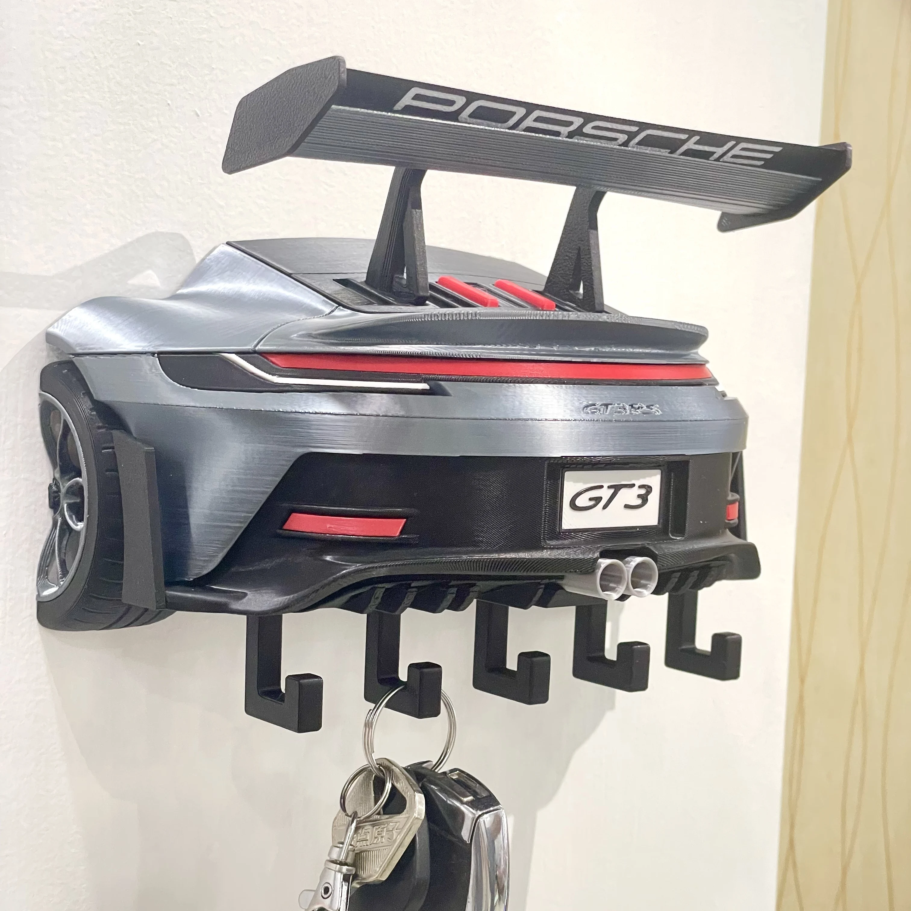 Klasyczny brelok do kluczy w kształcie mini samochodu wyścigowego 911 GT3 RS, haczyk, dekoracja ścienna z motywem kultury motoryzacyjnej, ozdoba modelu samochodu, prezent.