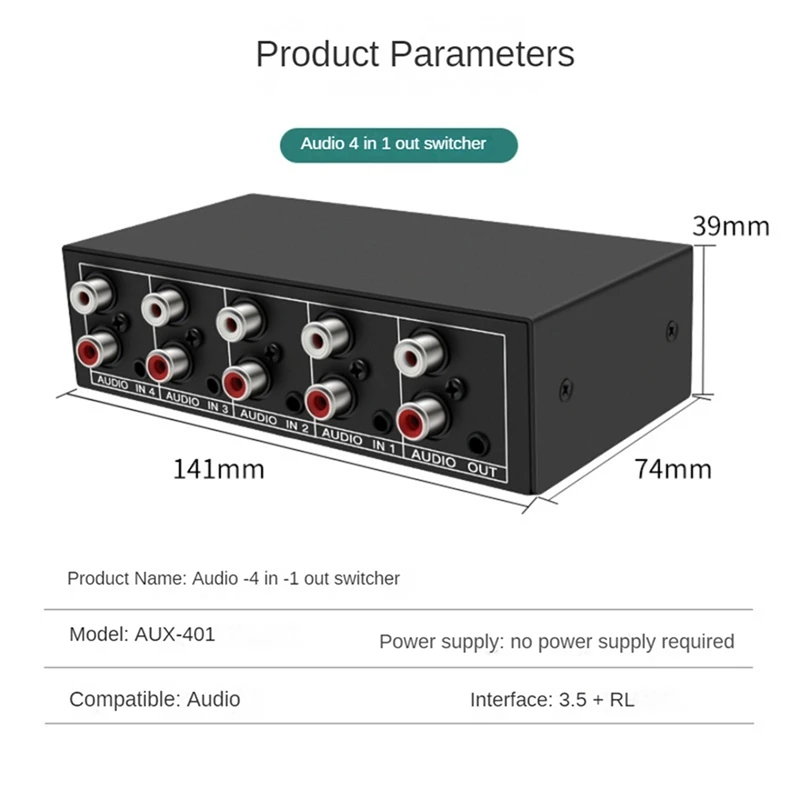 2X Conmutador de audio RCA AUX 4 en 1 salida Selector de audio estéreo 4X1 3,5 mm Aux L/R Caja de interruptor de audio RCA, B