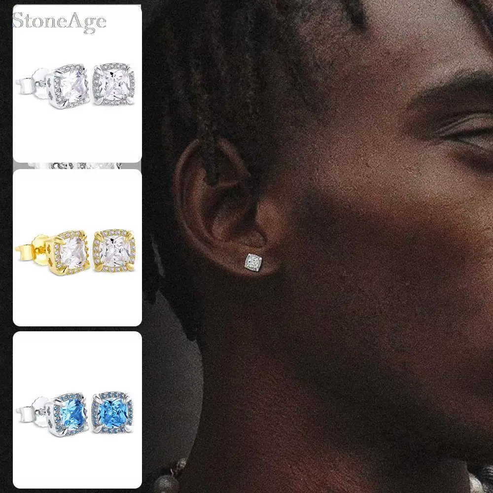 Trendy Punk 4 Claws Iced Out Crystal Stud Earrings for Men Women Squares Piercing Rock Hiphop Accessories Fashion Jewelry E148