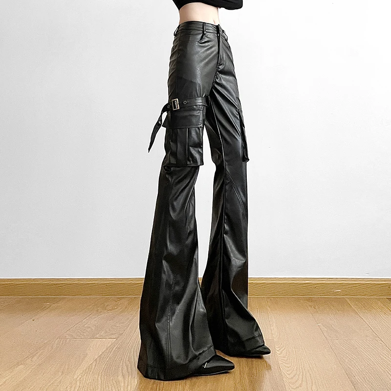 American Locomotive Style Asymmetrical Metal Buckle PU Leather Pants, Women's High Waisted Slim Fit Wide Leg Flared Pants Trend