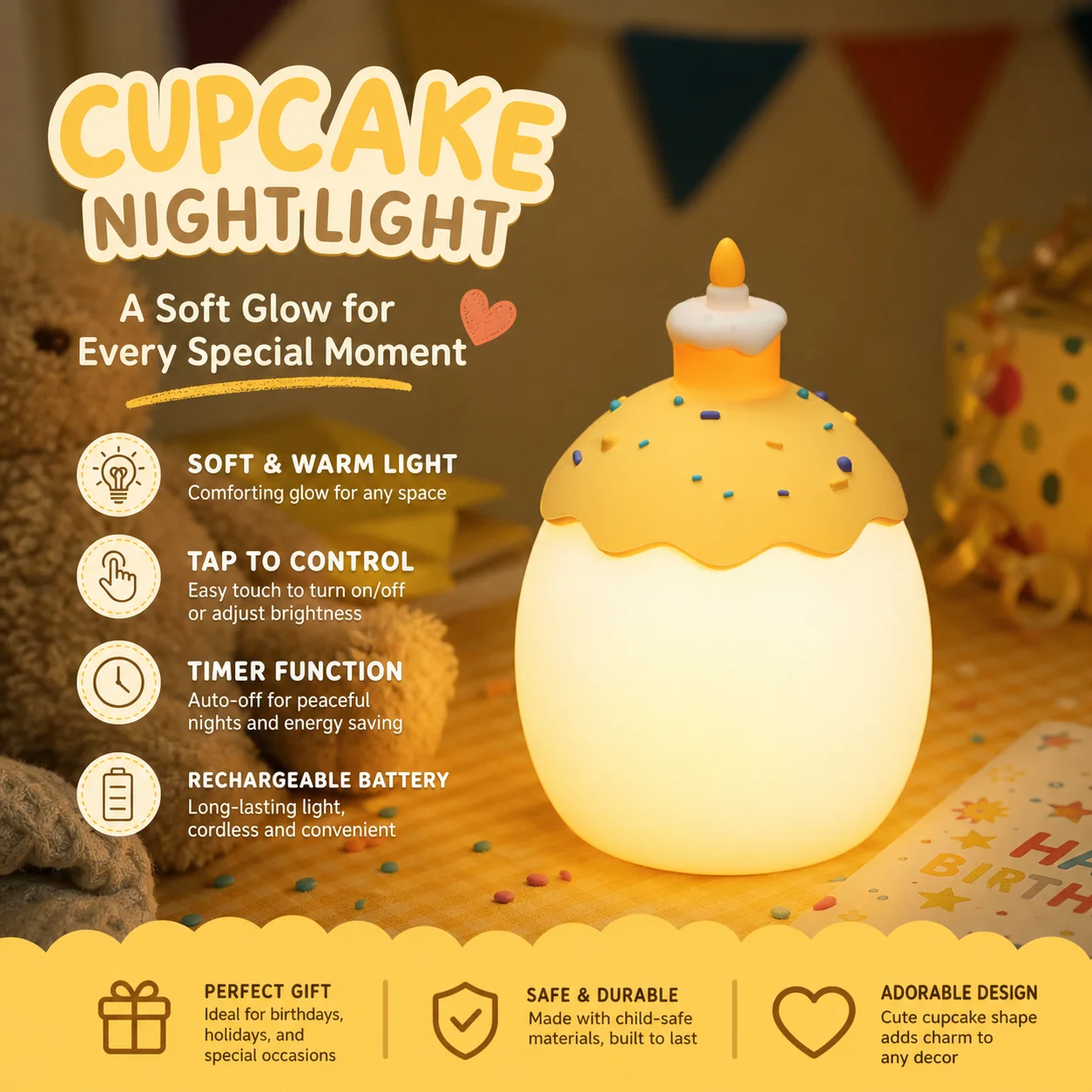 wwppu-ラッキーケーキ-ナイトライト、usb充電式ledランプ、寝室や寮、赤ちゃんの授乳時に使えるベッドサイド用スリープライト。