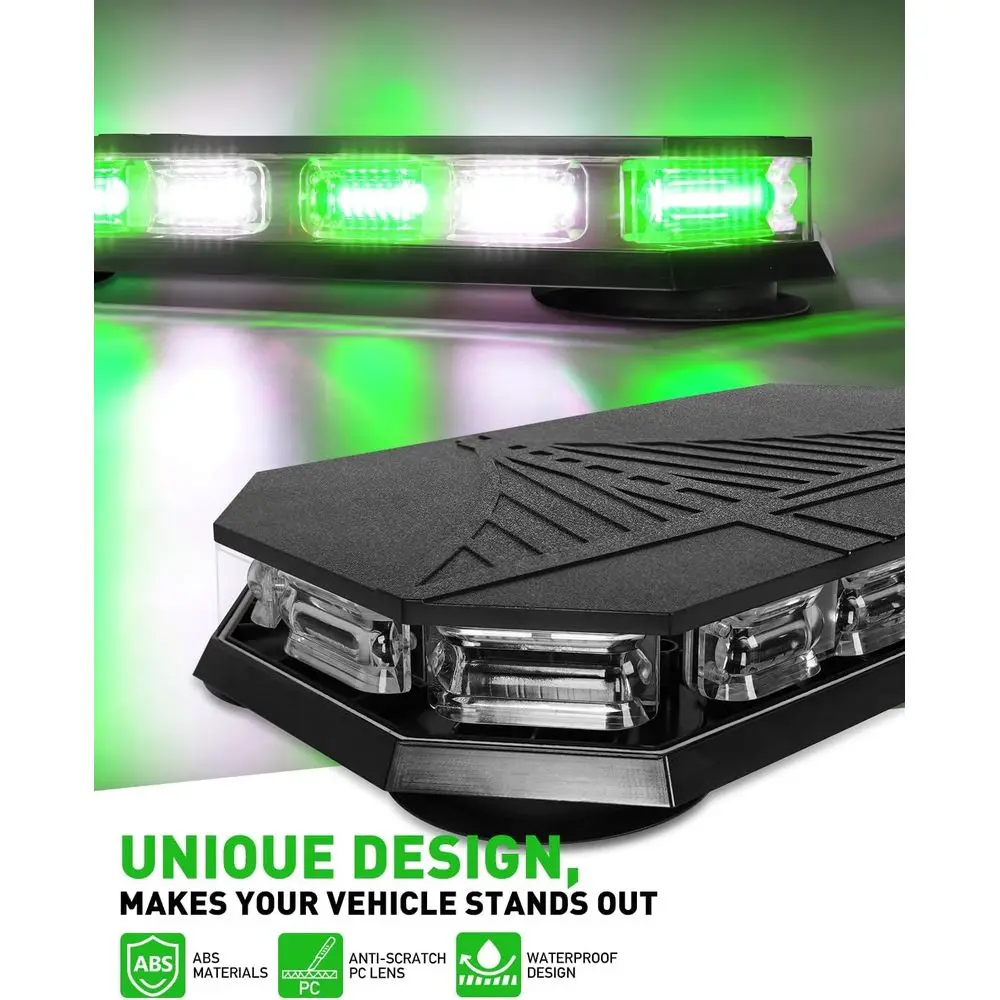Not-Blitzlichtleiste, 102 LEDs, grün/weiß, Mini-Leuchtfeuer, Magnetfuß für 12–24 V-Fahrzeuge