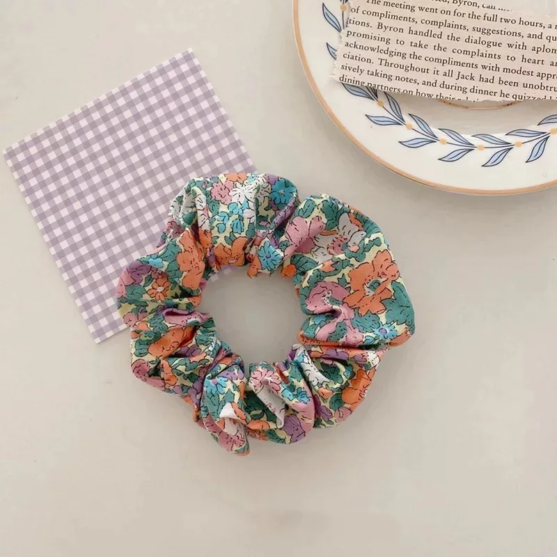 2024 Girls Floral New Double Strand High Elastic Hair Bands Korean Purple Plaid Scrunchies Hair Ropes Flower Ponytail Holder