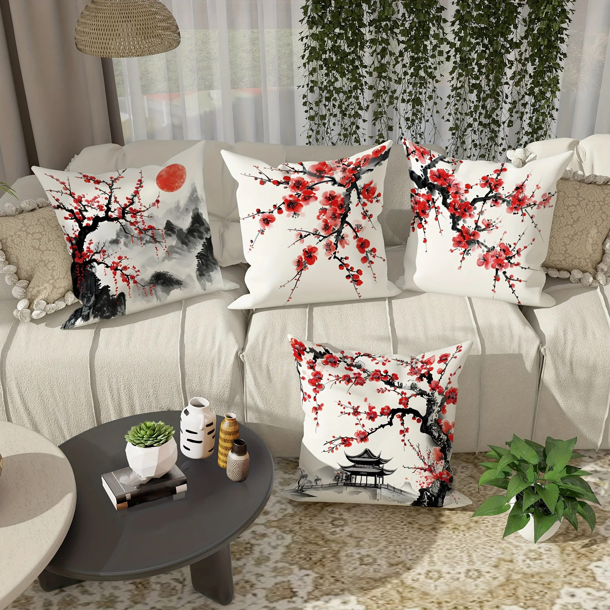 Ancient style plum blossom decorative pillowcase, ultra-soft polyester material living room sofa backrest car pillowcase