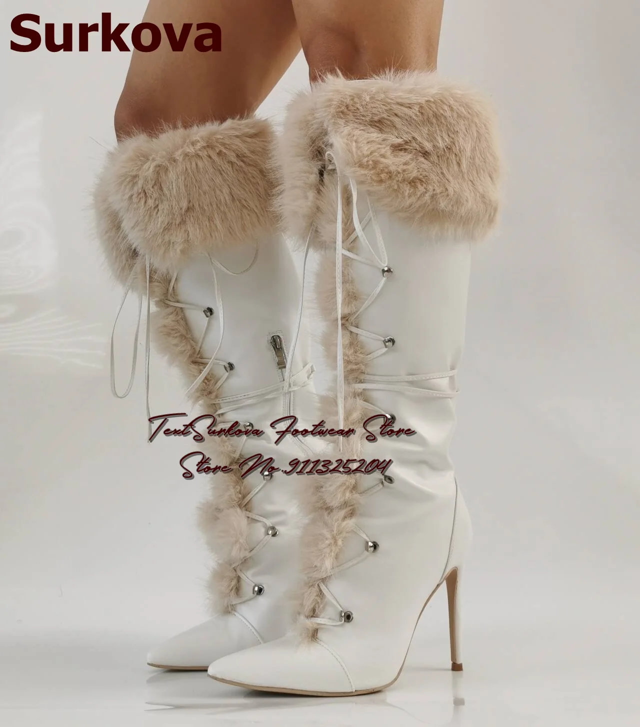 

Surkova White Fur Top Knee High Boots Women Pointed Toe High Heel Stilettos Plush Warm Shoes Lace-up Tall Boots Winter