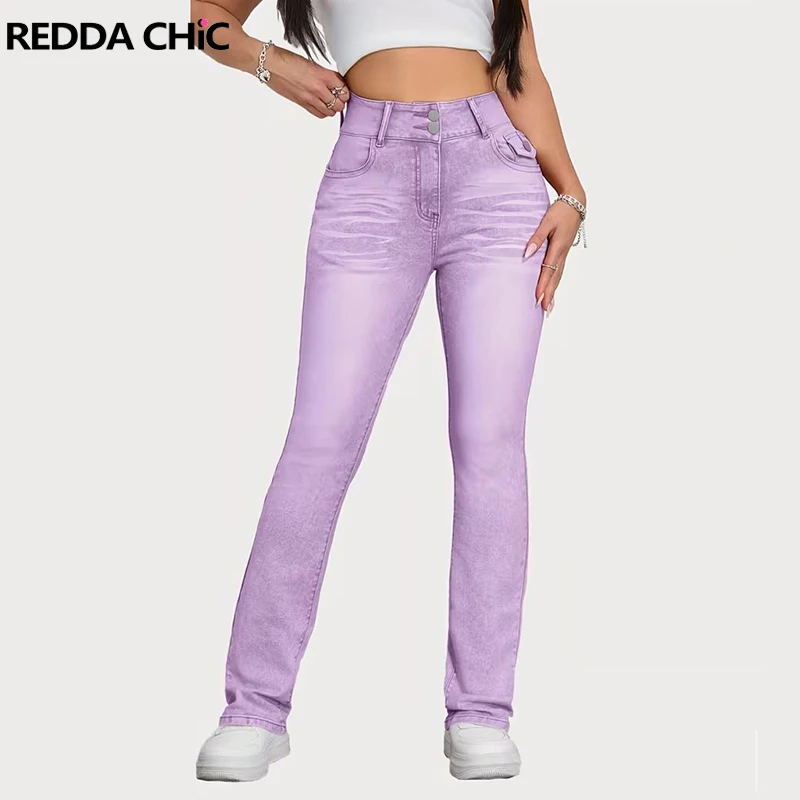 

REDDACHiC женские узкие джинсы с двойной пуговицей фиолетовые усы потертые эластичные узкие брюки с высокой талией винтажная уличная одежда Y2k