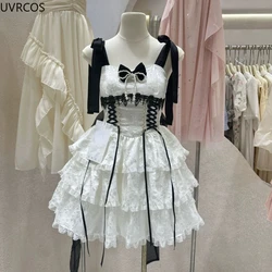 Japanese Style Kawaii Lolita Jsk Dress Women Vintage Sweet Lace Bow Ruffles Tiered Cake Dresses Harajuku Y2k Slim Bandage Dress