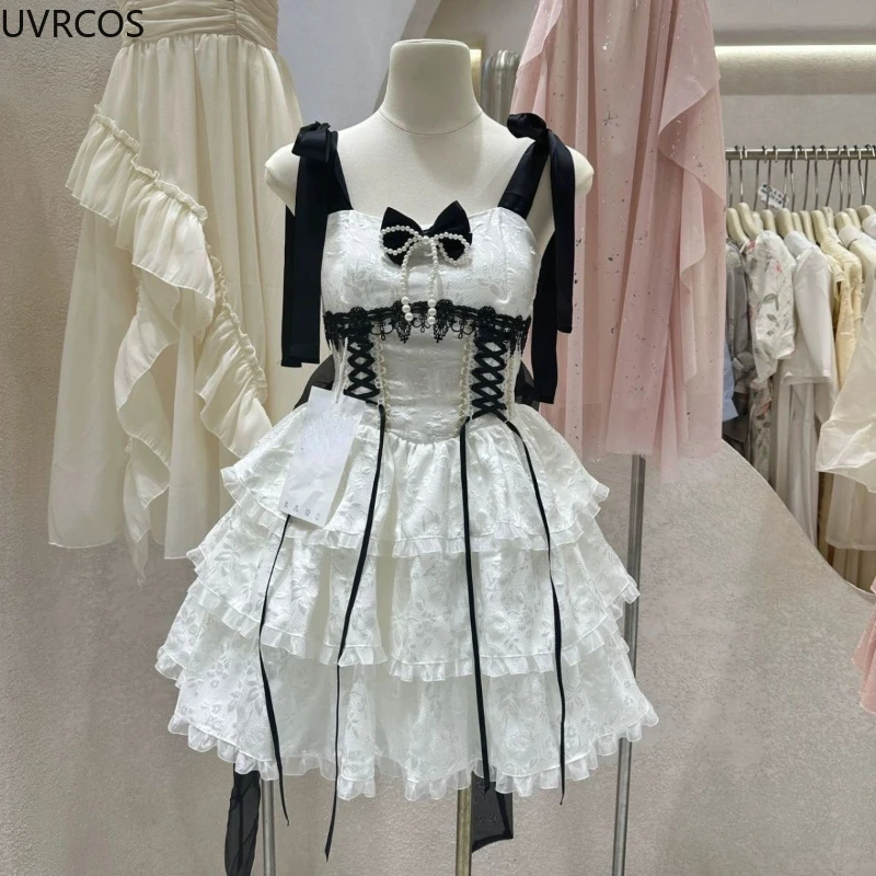 Japanese Style Kawaii Lolita Jsk Dress Women Vintage Sweet Lace Bow Ruffles Tiered Cake Dresses Harajuku Y2k Slim Bandage Dress