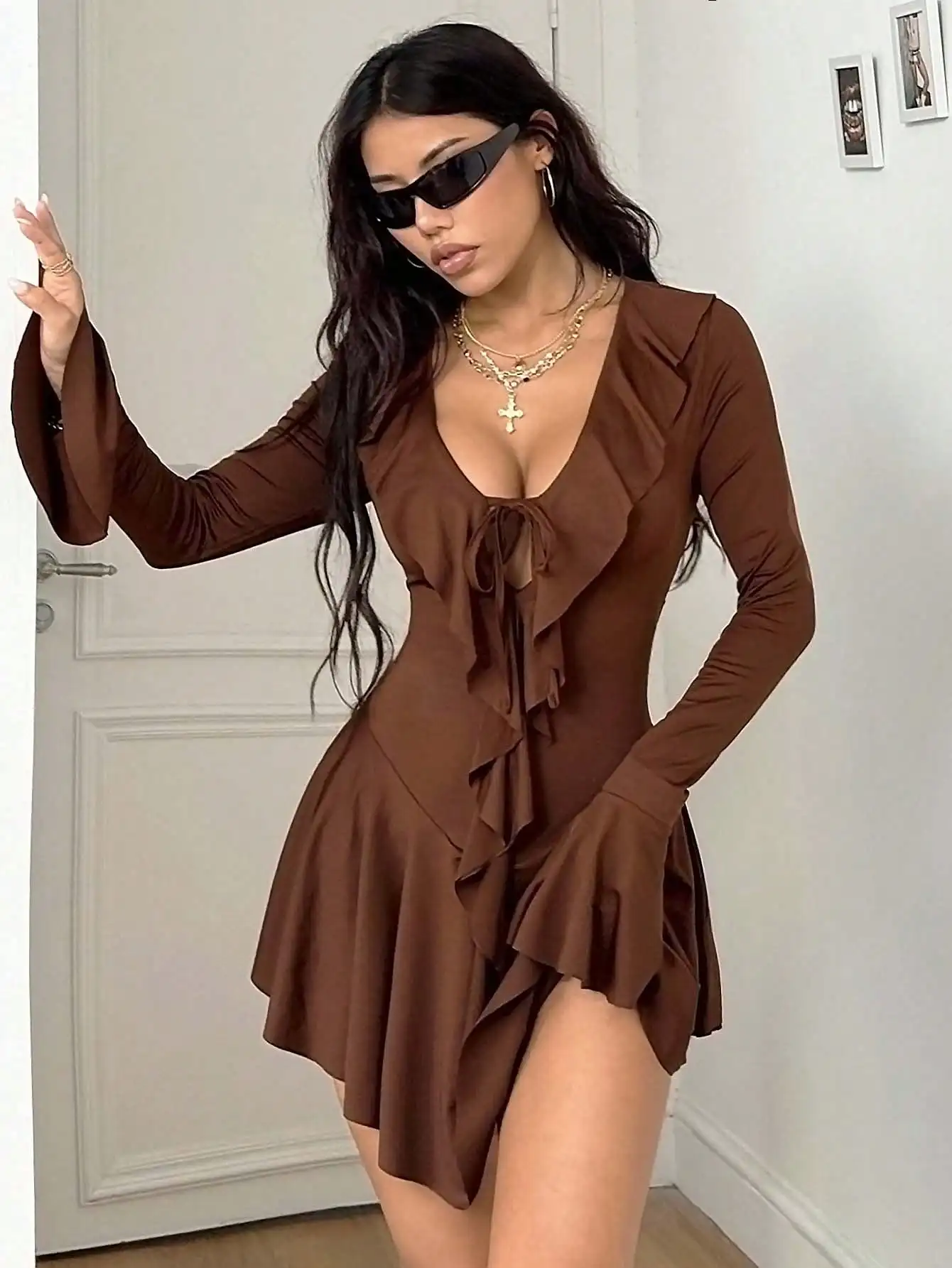 BWQ Women's Fall/Winter Back To School Western Wear Cowgirl Y2K Stretchy Ruffle V-Neck Tie Front Pleated Mini Elegant Dresses