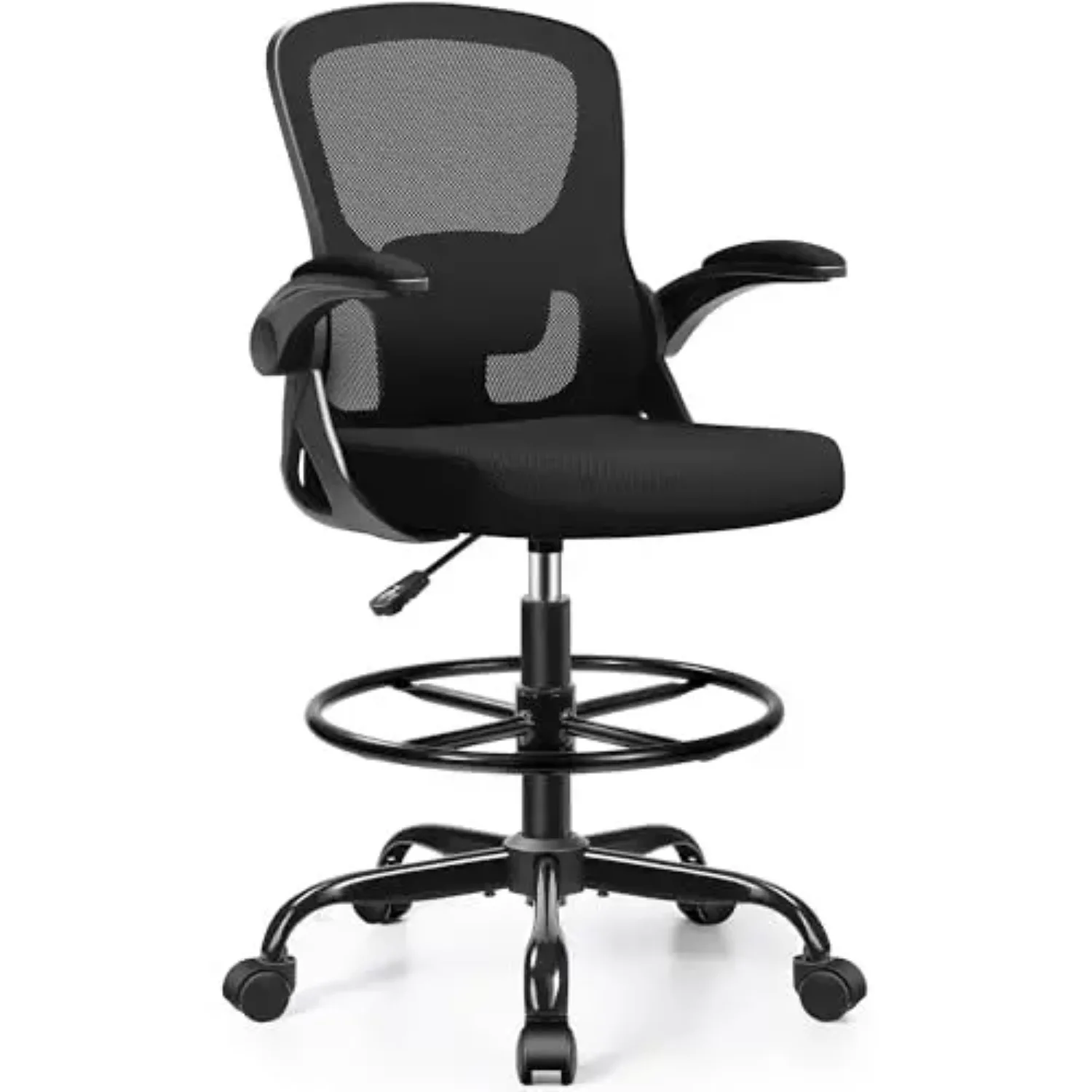 Drafting Chair Tall Office Chair for Standing Desk - Ergonomic Computer Work Stool with Flip-up Arms, Foot Ring &