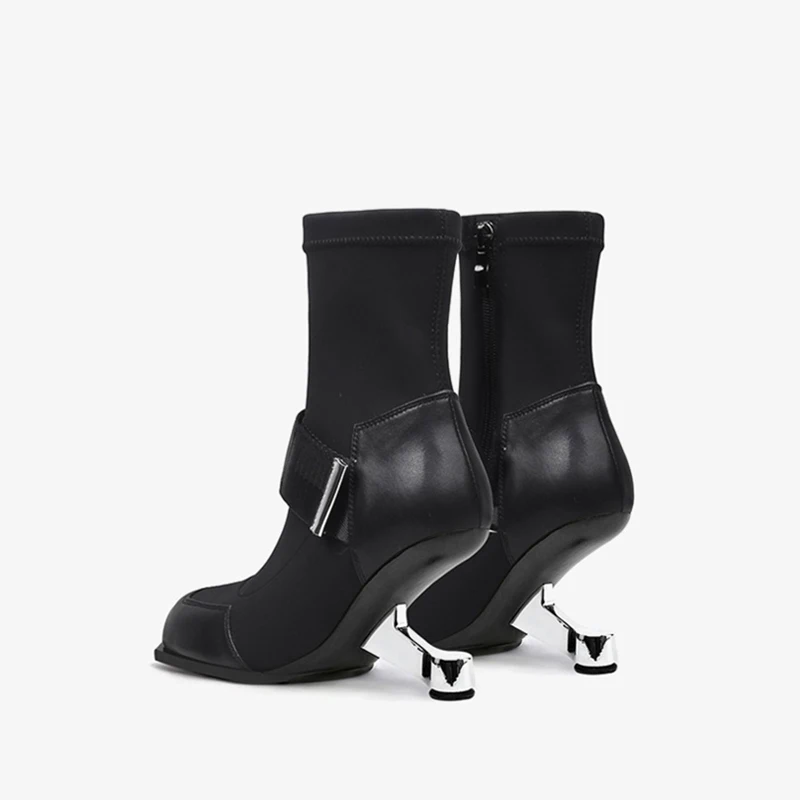 Sexy lady genuine leather stretch fabric 8cm high strange metal heel side zip dating pink black modern ankle boot HL458 MUYISEXI