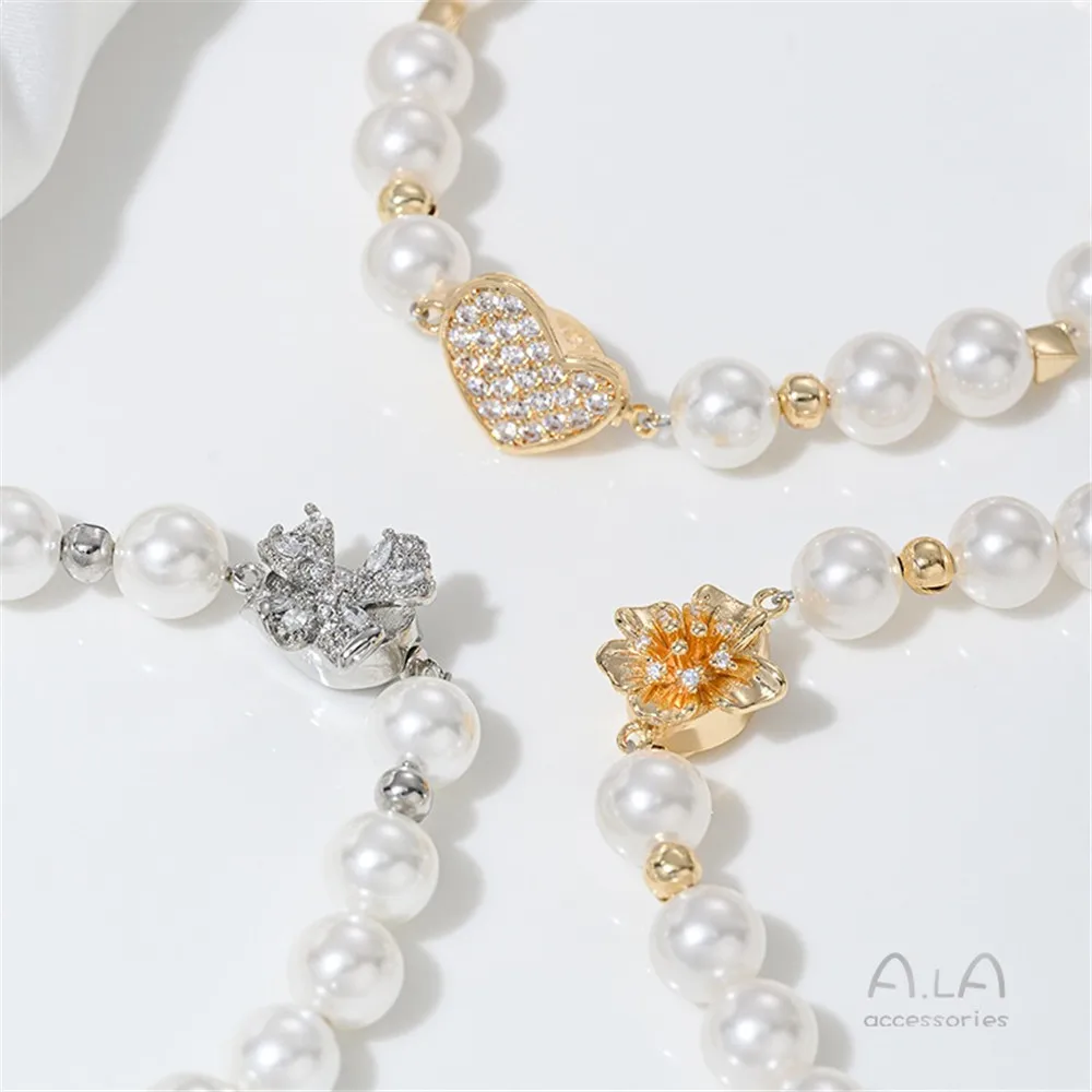 14K Gold-plating Micro-inlaid Zircon Pearl Buckle DIY Peach Heart Bow Flower-shaped Plug Buckle Accessories