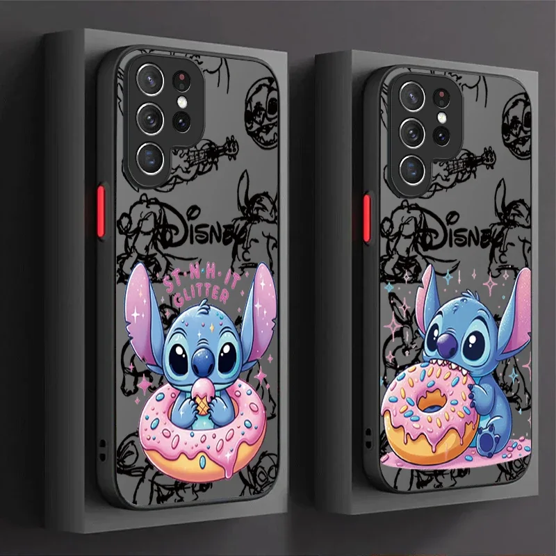 Disney Stitch Eat Donut Matte Hard Case For Samsung Galaxy S24 S23 S22 Ultra S21 S20 FE S10 Plus Note 20 10 A15 A25 A35 A55 Etui