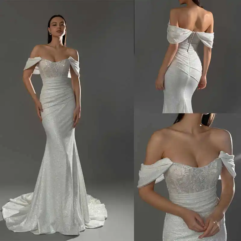 فساتين زفاف حورية البحر أنيقة بدون أكمام قبالة الكتف فساتين زفاف من الساتان بالإضافة إلى حجم مناسبة رسمية حسب الطلب