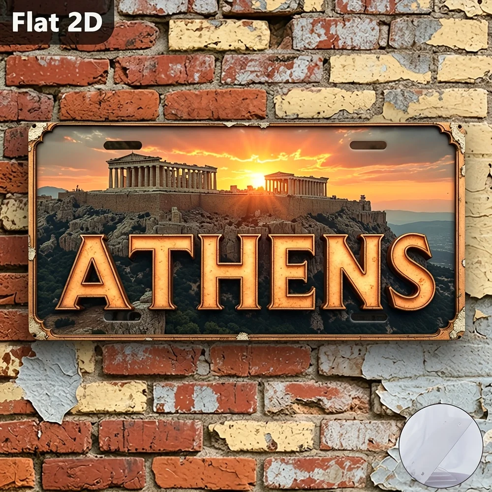 2D Flat Athens Ruins Sunset Greece Metal License Plate Plaque Outdoor Hanging Wall Art Cafe Garage Gift for Families Friends