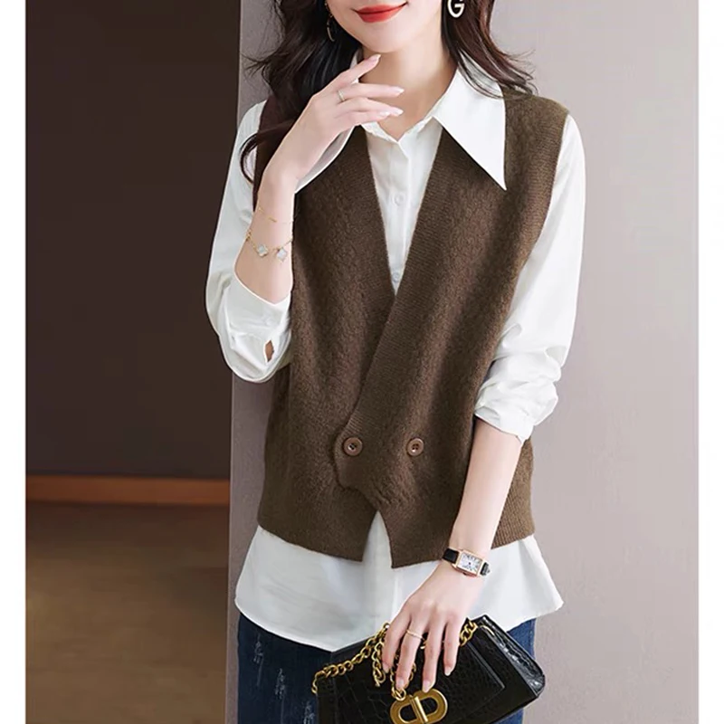 Women Korean Fashion Button Sleeveless Knitted Cardigan Simple Casual V Neck Irregular Sweater Vest Female Solid Loose Waistcoat