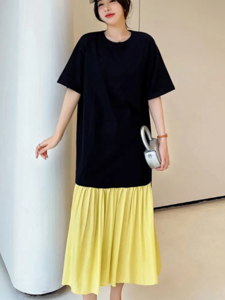 Plus Size Summer Loose Women's Dress Patchwork Black Dress Fake Two Piece Lady Vestidos Female Robe Clothes