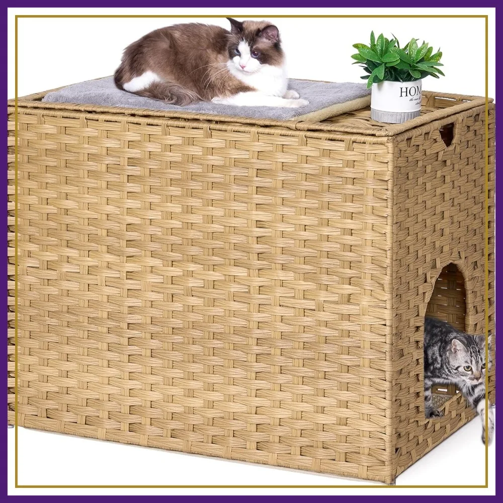 

Cat Litter Box Enclosure with Mat, Handwoven Rattan, Hidden Washroom, Pet Crate for Balcony
