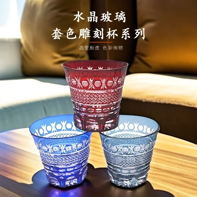Handmade engraved cup Japanese polka dot with chrysanthemum arch Edo cut carved glass whisky cup