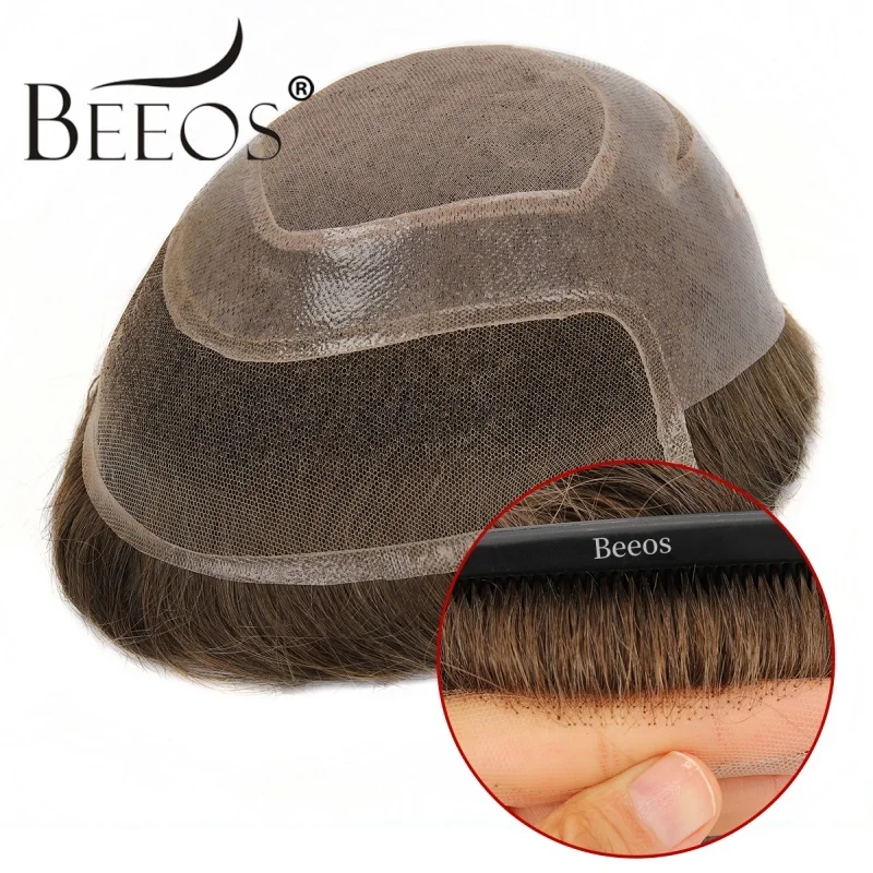 Beeos Versalite Toupee for Men Bleached French Lace Front Natural and Durable Base Indian Human Hair Men's Pieces 130% Density