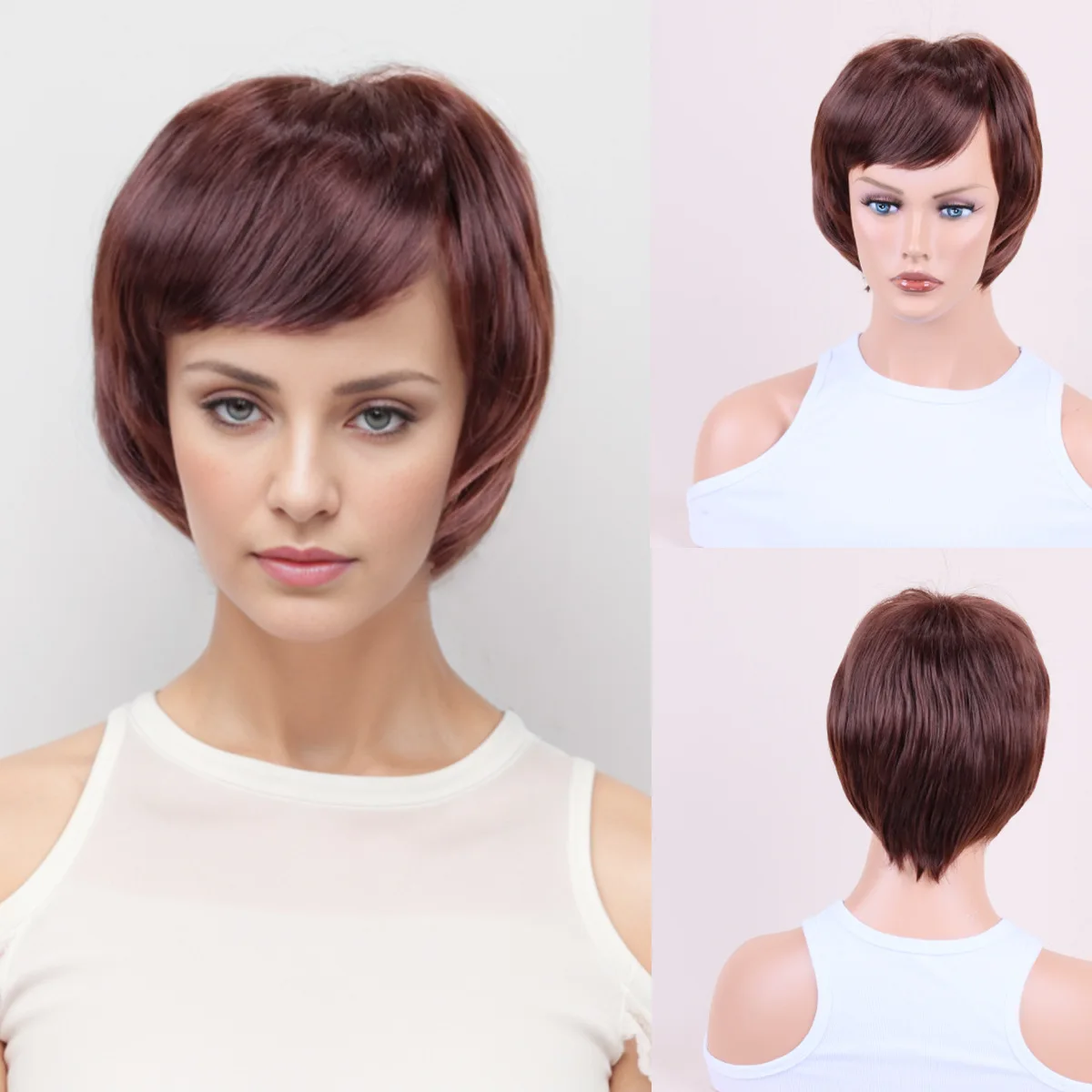 

Fashion wigs women short straight synthetic material elegant style face-shaping heat-resistant rose net full head wig daily wear