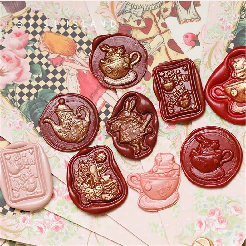 3D Cat Teapot Watch Rabbit Wax Seal Stamp DIY Vintage Alice in Wonderland Stamps for Envelope Card Collection Decor Hobby Gift