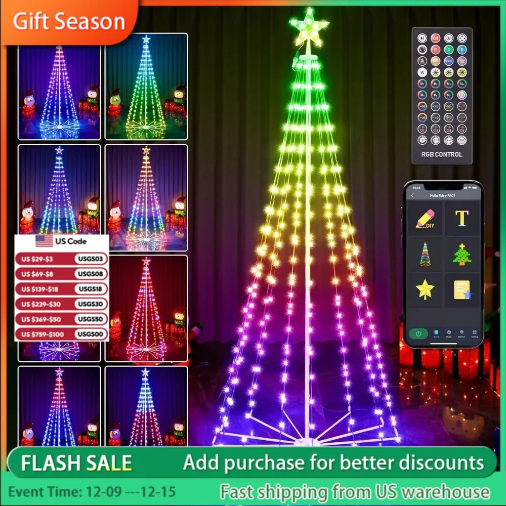 7FT 295LED Outdoor Christmas Tree, RGB Color Change Prelit Smart Cone and Remote App Control, DIY Multi-Color Lightshow.