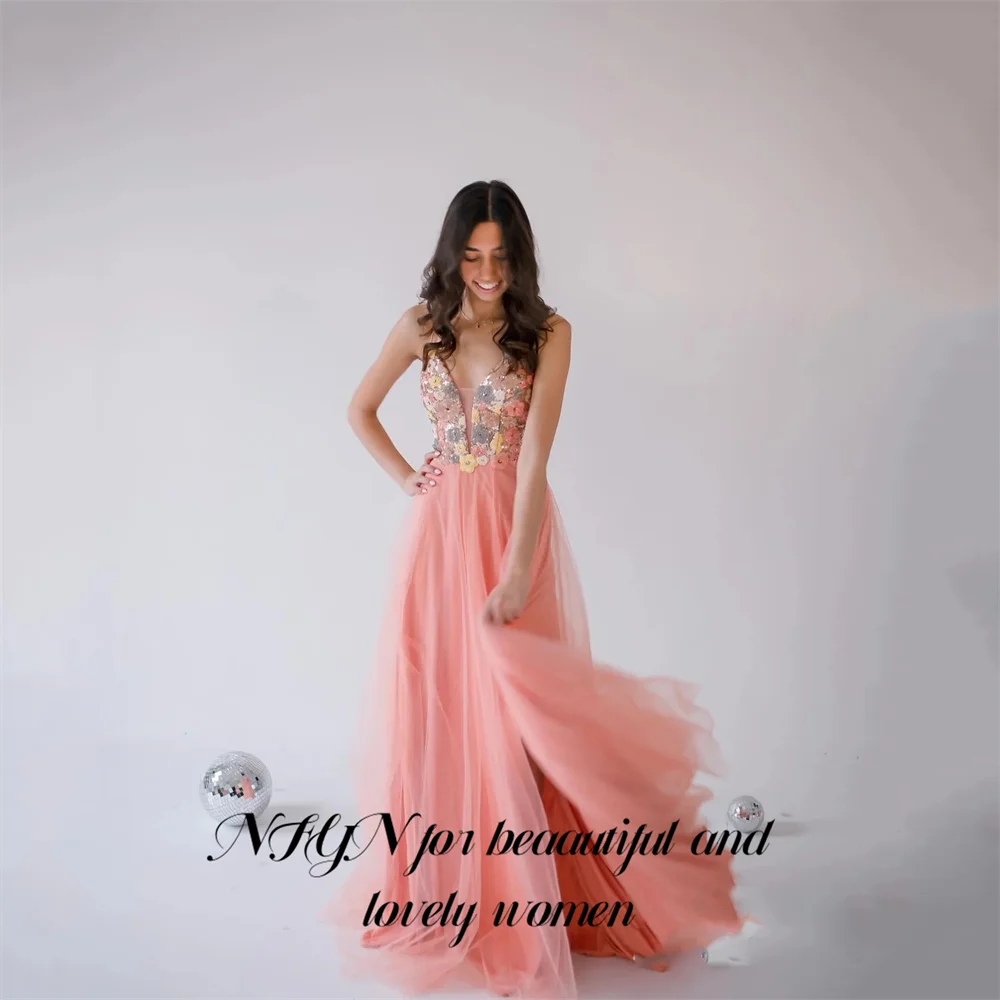 NFYN Korallenrosa Abendkleider mit Blumenmieder, Partykleider, tiefer V-Ausschnitt, Abendkleid, fließender Tüll, Roben du Soir, individuell gestaltet