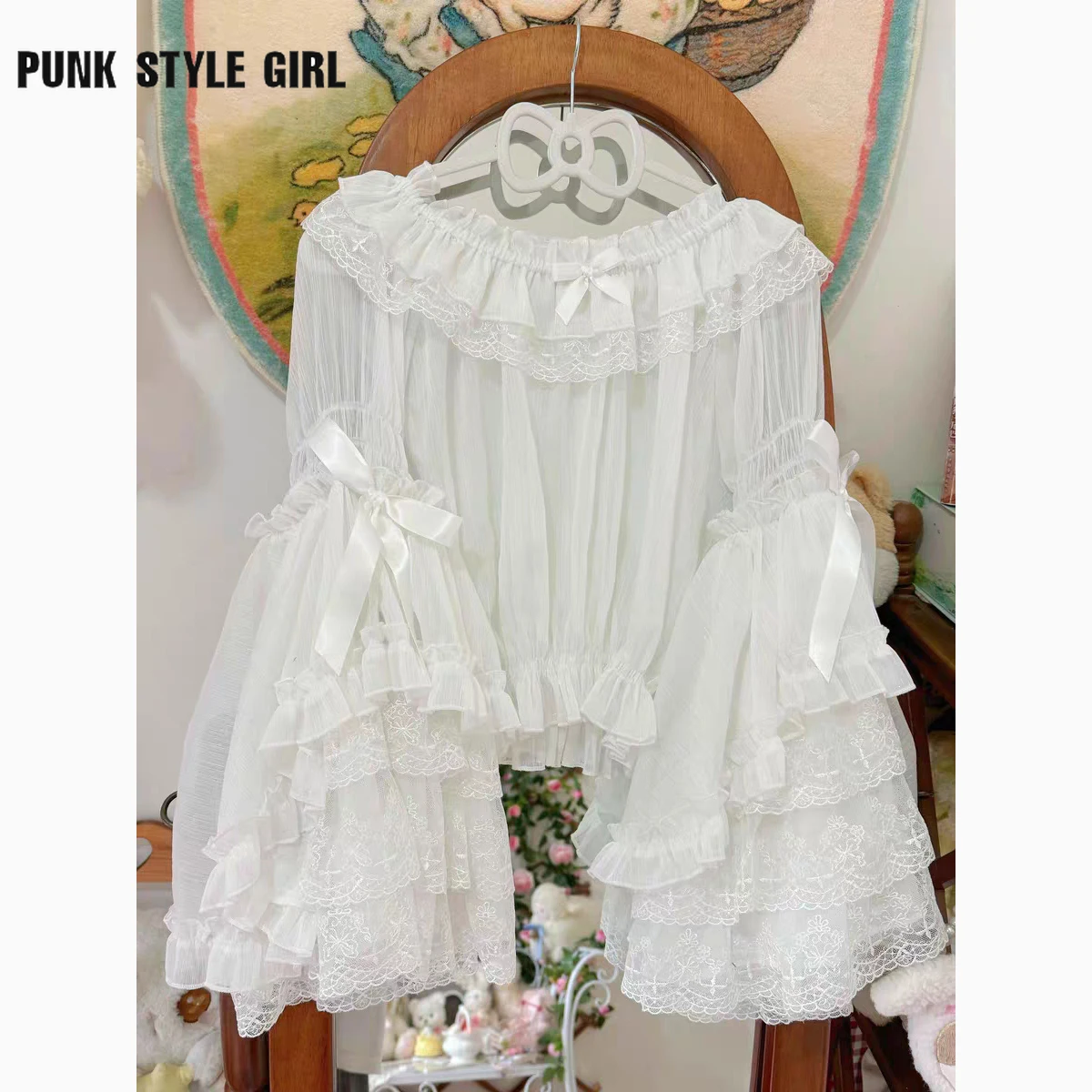 2024 Women Victorian Sweet Lace Bow Ruffles Blouses Flare Sleeve Harajuku Y2k Lolita Shirts Japanese Kawaii Shirt Mujer Tops