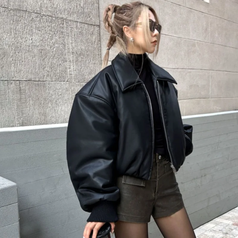 Winter Parka Coat Women's Jacket Thick Warm Women Fashion Black PU Leather Coats Women Elegant Zipper Faux Leather Jackets Tops