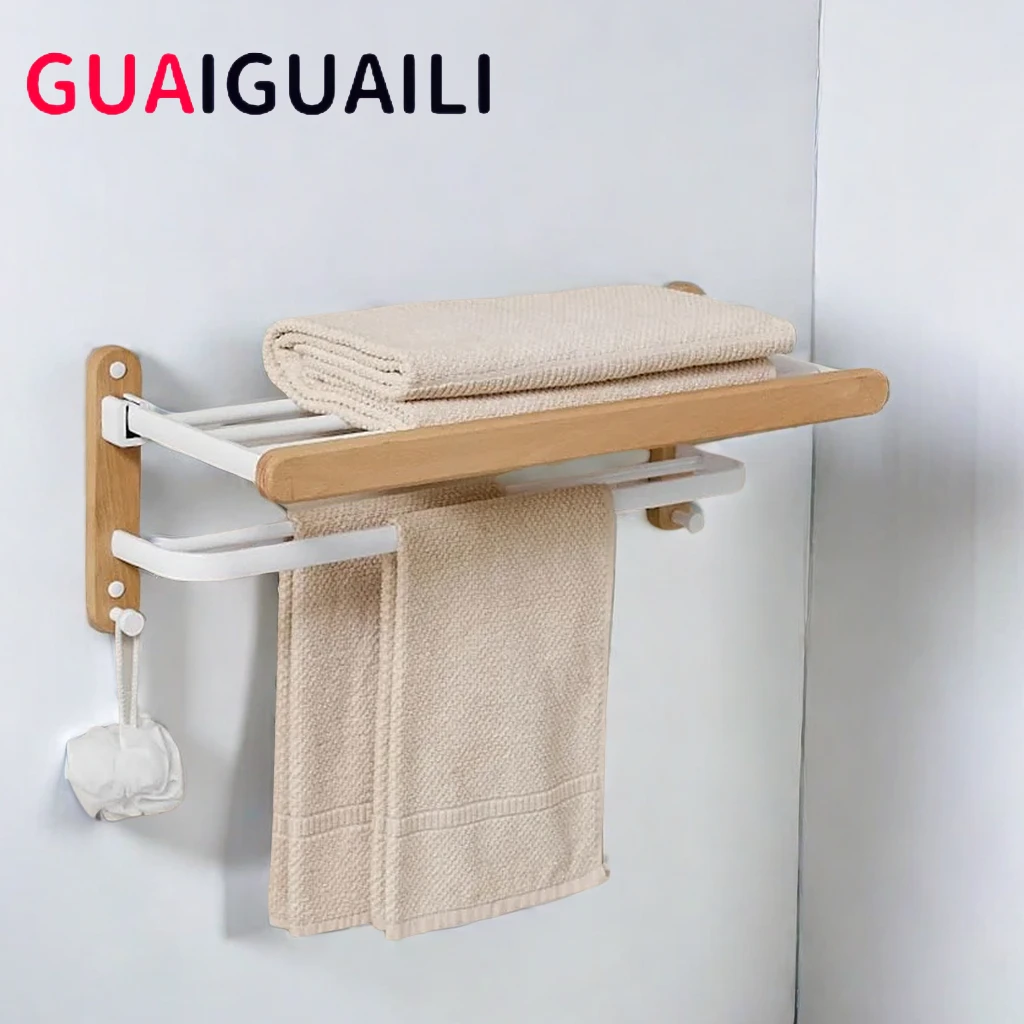 Wood bath Towel holder，Walnut towel rack no punch bathroom shelf toilet bathroom wall mounted washroom storage bath towel holder