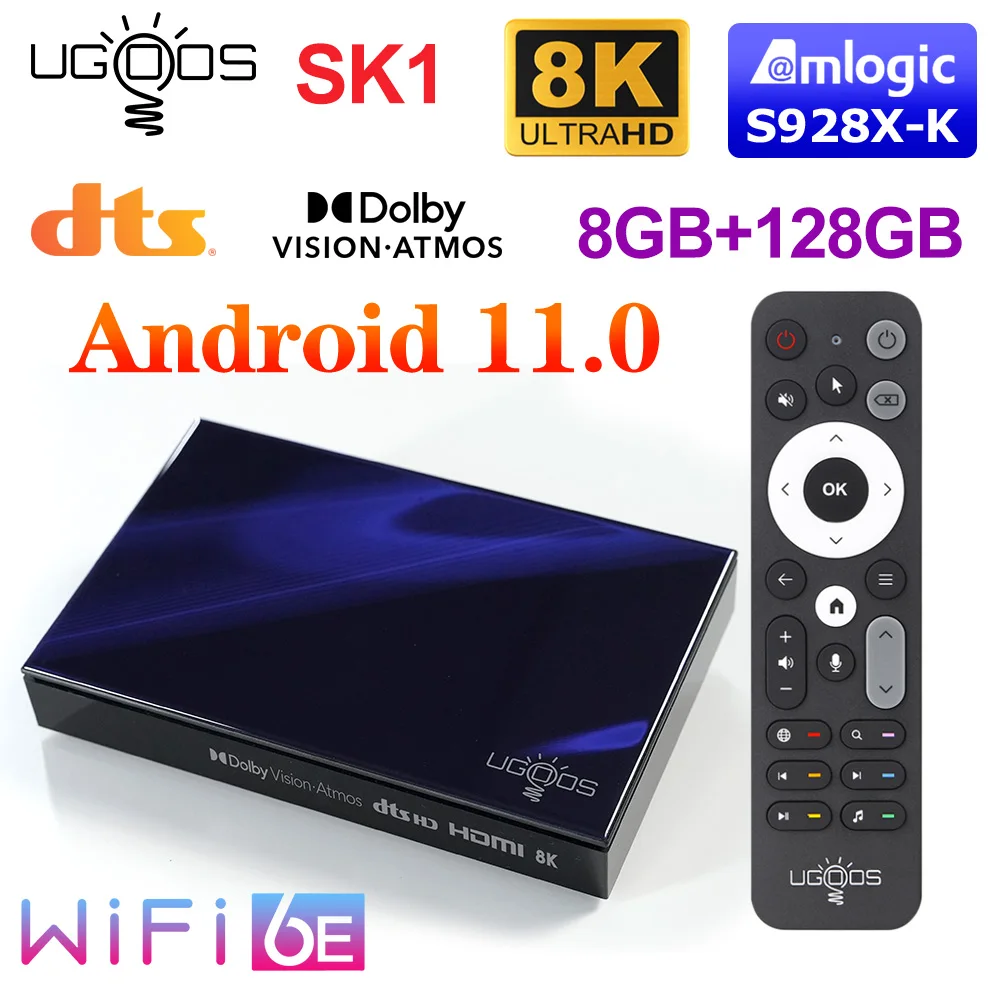 TVボックス,amlogic UGOOS-SK1,android S928X-K,lpddr4,8g,11.0g,スーパードルビービジョン,オーディオ,atmos,dts hd,widevine,l1,wifi6,128 m bt,1000