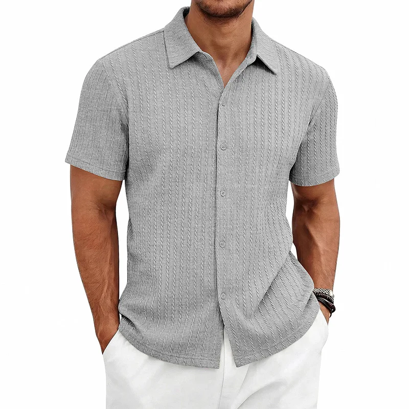Men Summer Textured Knit Short Sleeve Shirt Lapel Button Down Casual Hawaii Vacation Commute Top S 5XL