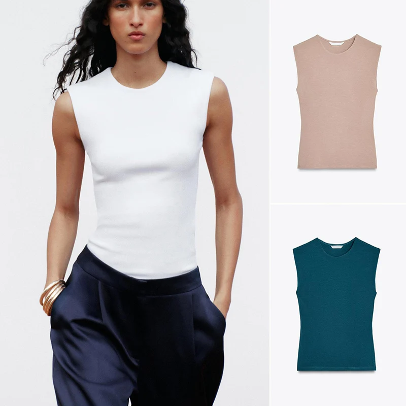 夏の新作レディースマットスレ綿混紡快適ラウンドネックトップス、マルチカラーチョイス、ファッショナブルなリブ編み