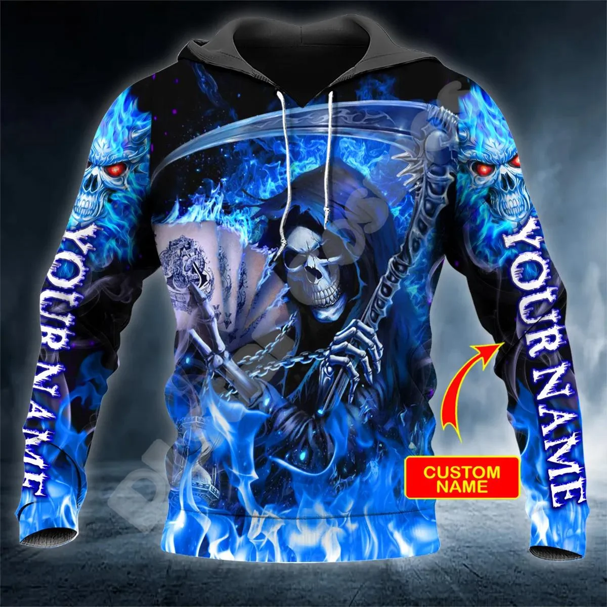 

NewFashion Custom Name Skull Grim Reaper Ghost Tattoo Retro Tracksuit Harajuku 3DPrint Streetwear Casual Funny Jacket Hoodies X7