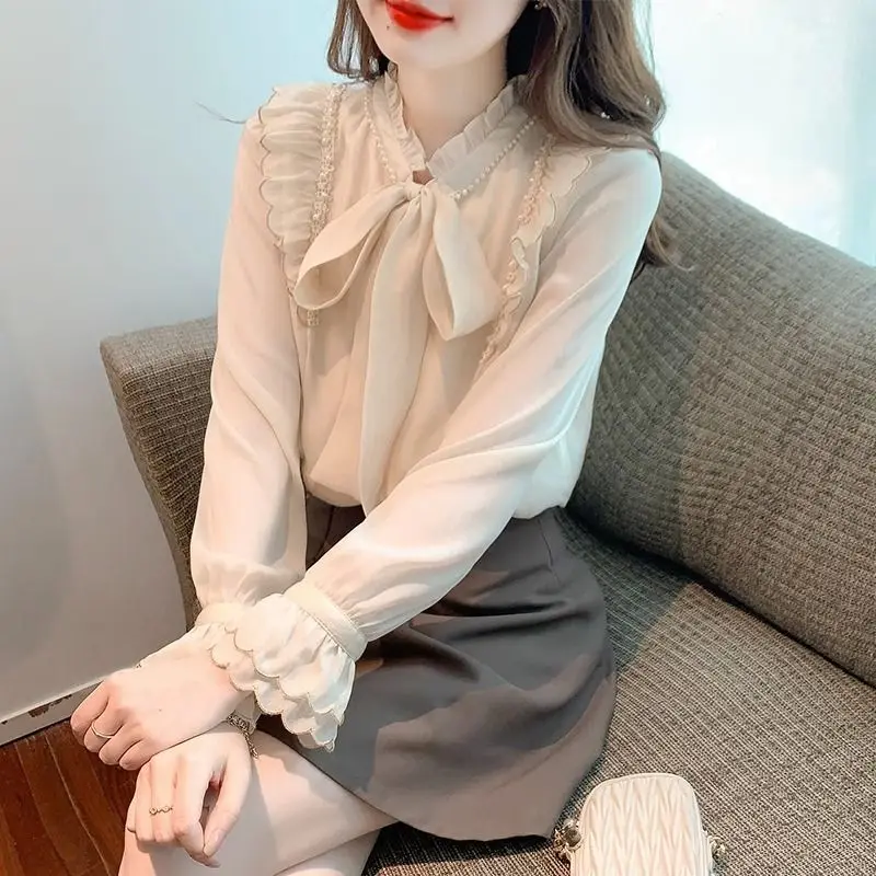 엘레 롱 스웨 여성용 쉬폰 셔츠 매듭 디테일 부드러운 외투 캐주얼 클린핏 얇은 소재 중국 브랜드