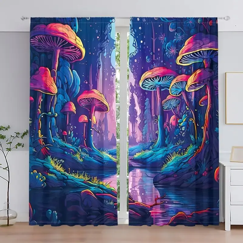 

2шт-Шторы с принтом в виде блестящих грибов и комиксов, оконные украшения, украшения для дома, украшения для комнаты в лесу