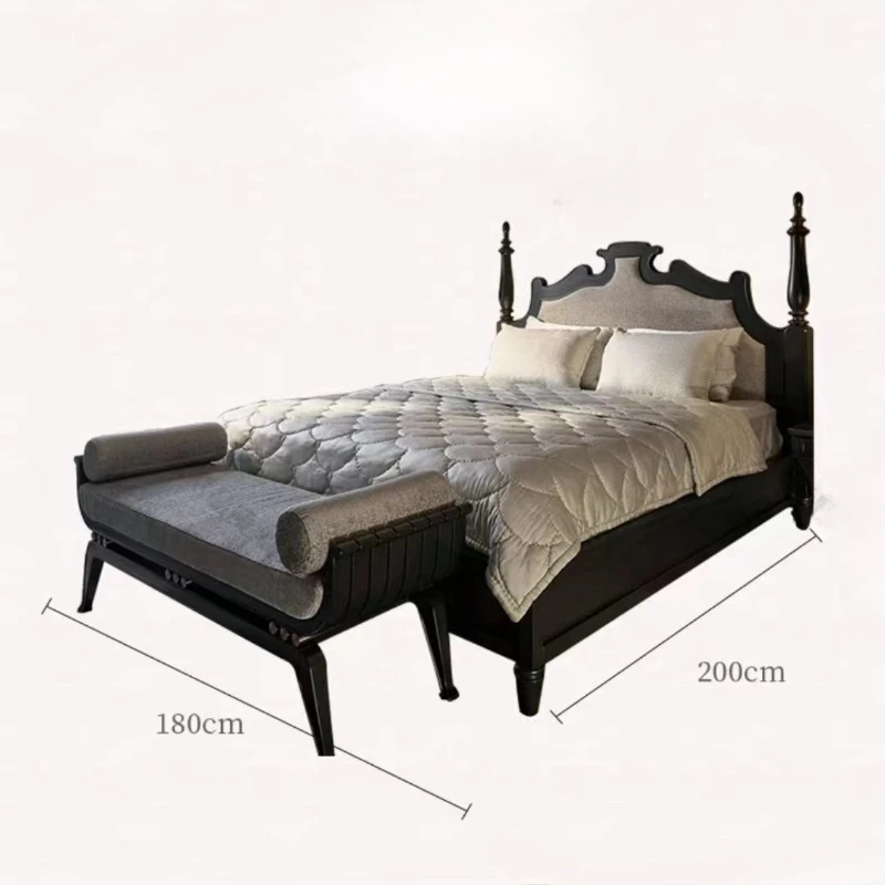 

Кровать из цельного дерева в стиле ретро, тканевая двуспальная кровать для домашней главной спальни