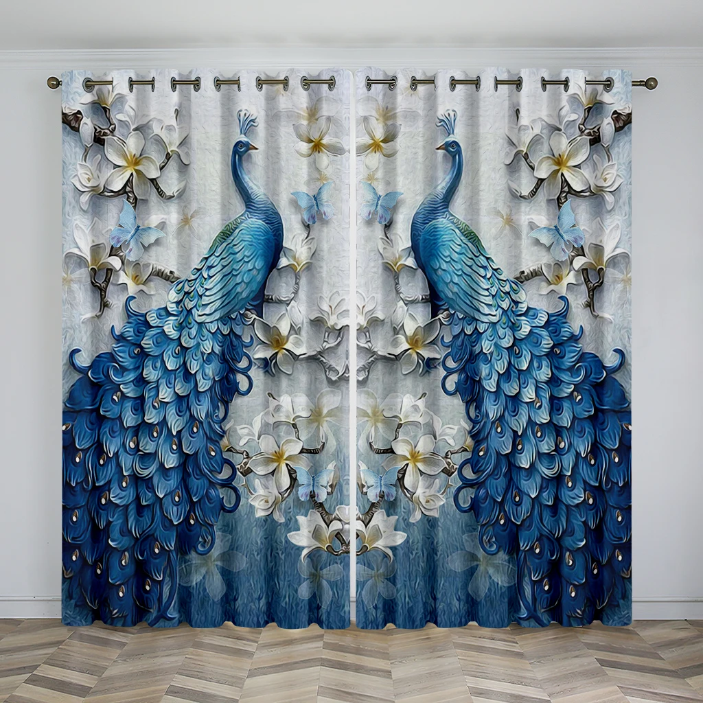 3D Luxury Home Decor Animal Peacock Blue Feather Curtains 2 Panel Living Room Bedroom Study Children's Room Decor