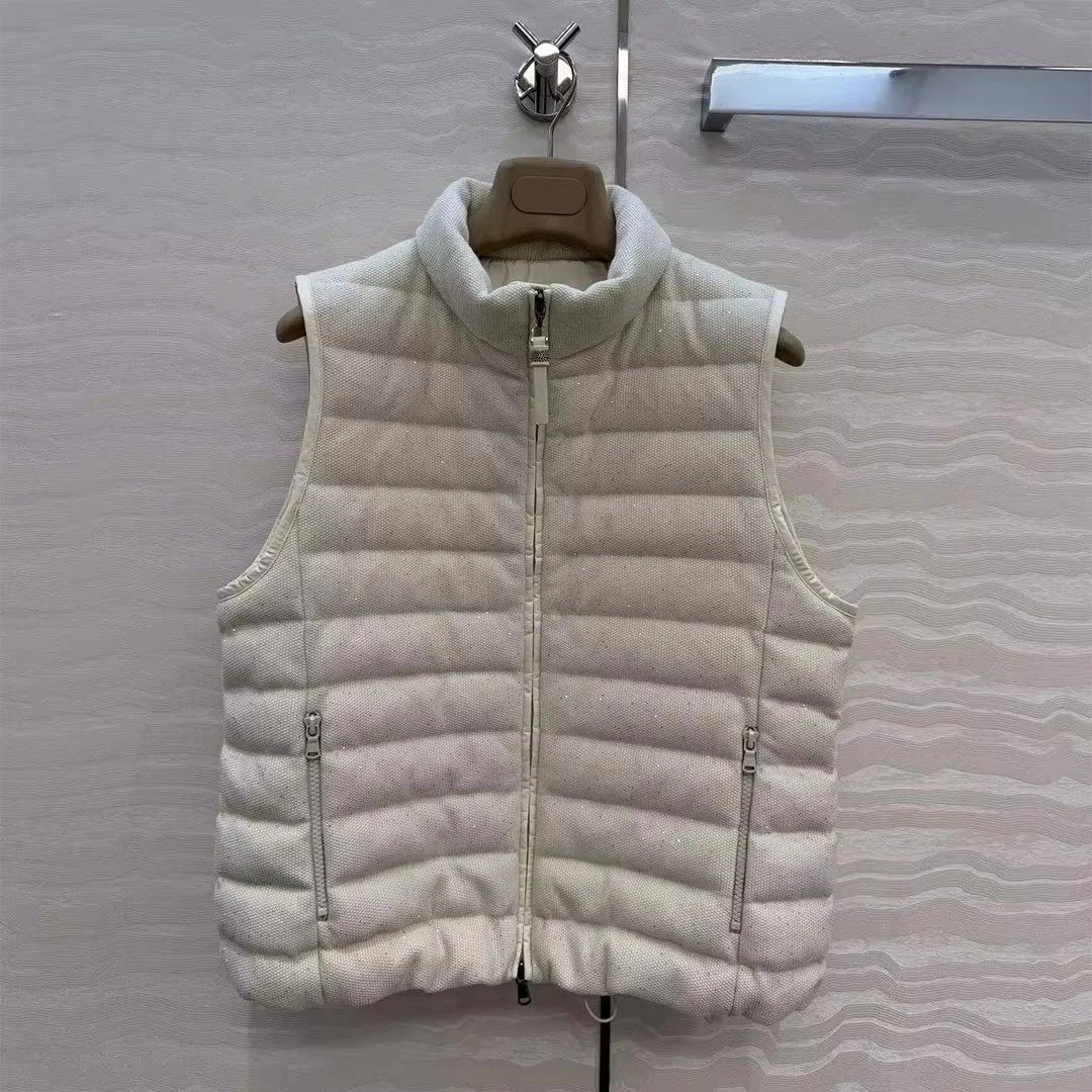 2026 New Winter Solid Embroidery Sequins Chic White Duck Down Warm Vest Coat Women Stand Collar Zipper Sleeveless Casual Jacket