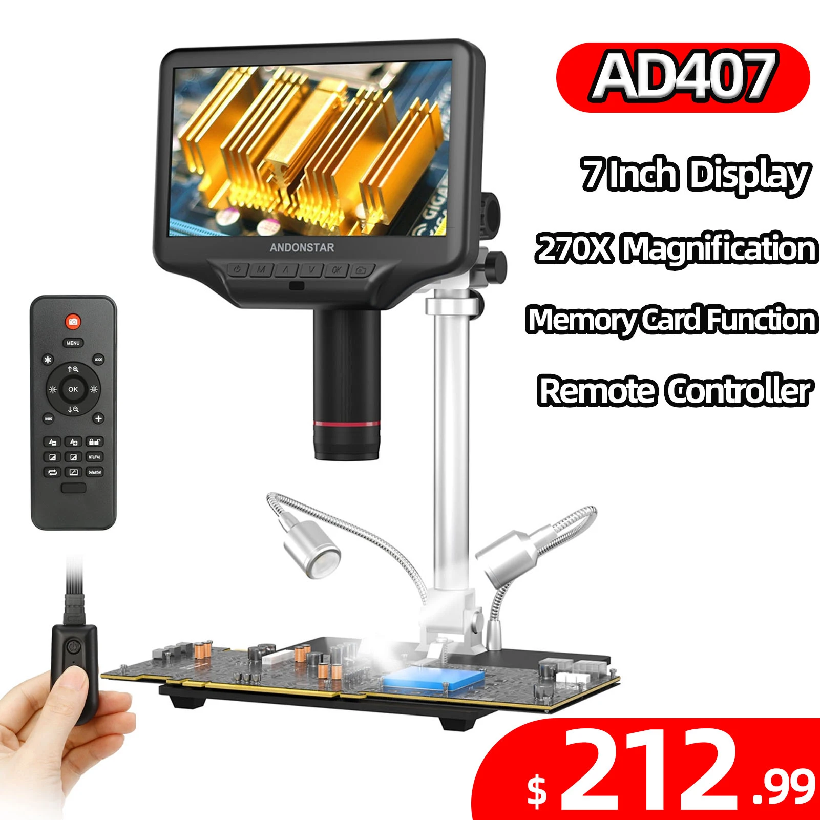 Andonstar AD407 Pro 7 Inch 270X Digital Microscope,Upgraded 12.5 inch Metal Stand for Professional PCB/SMD Soldering Tools