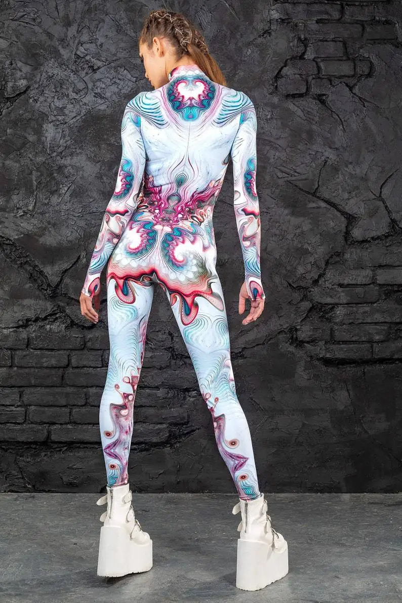 Damen Punk-Print Jumpsuit mit Unregelmäßigen Linien für Erwachsene, Cosplay-Bodysuit für Halloween, Karneval, Party, Auftritt, Radsport, Catsuit, Romper – Detail 6