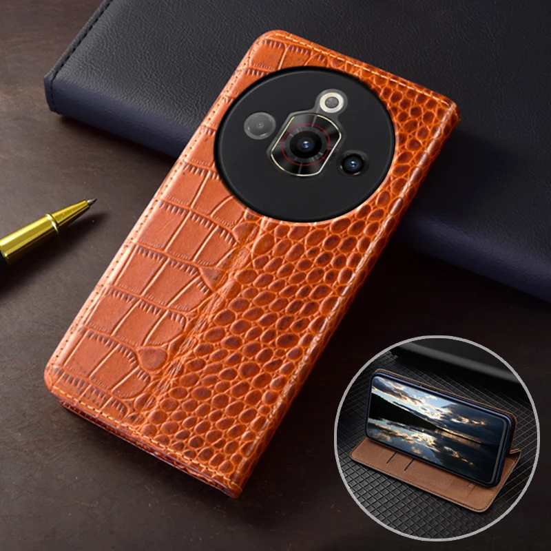 

For ZTE Nubia Focus Pro 5G Flip Case Crocodile Pattern Magnetic Cover Luxury Cowhide Genuine Leather Card Pocket Wallet Cases