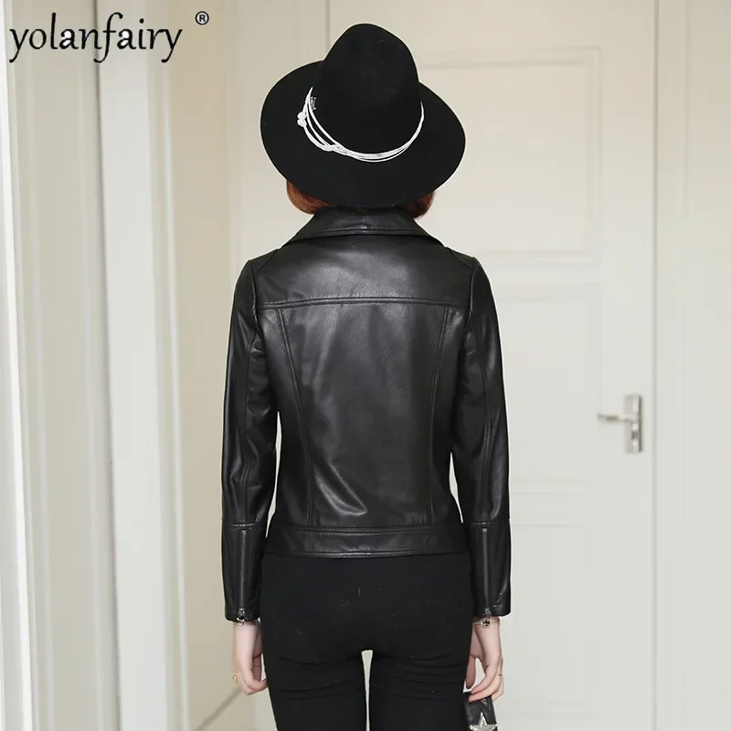 YOLANFAIRY Pure Sheepskin Coat for Women Motorcycle Short Leather Jacket Female Clothiong Single Slim Genuine Leather Clothes FC