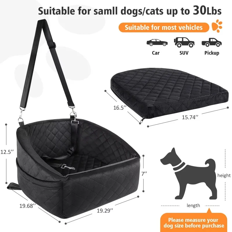 Detachable and washable dog car seat for dogs under 30 pounds, pet car seat with storage bag and dog seat belt, travel cot