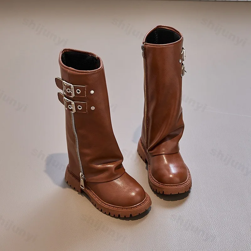 Children's Pu Leather Boots 2026 Autumn Comfortable Anti Slip Zipper Fashion Kids Knee Boots Girls Outdoor Buckle Princess Boots