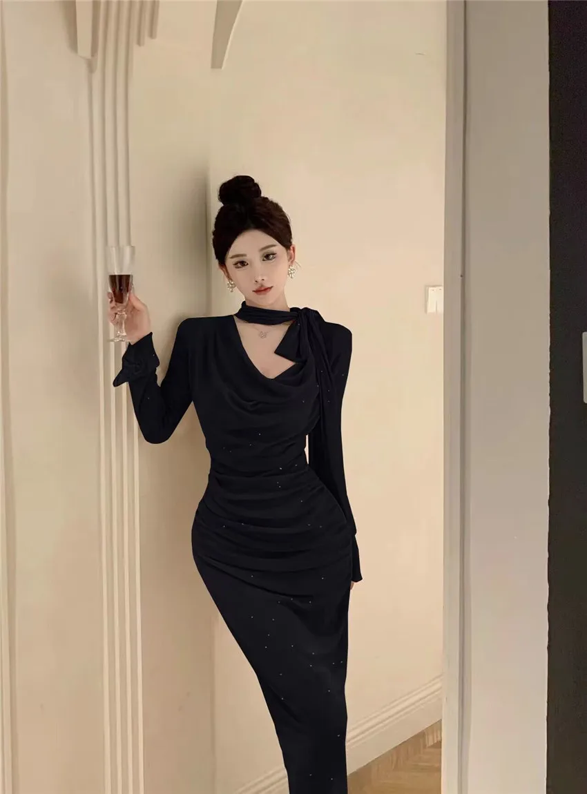 Noeud amincissant ceinturé cloche Sve Midi Dr coréen Sle a-ligne Dr pour les déplacements couleur Pure automne femmes Dr