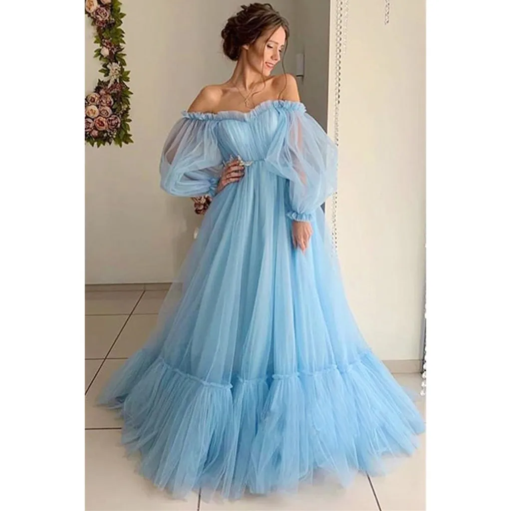 Women\'s Dresses Solid Candy Color Long Sleeve Off Shoulder Slash-Neck Fashion Gauze Long Full Length Swing Dress Party Dresses